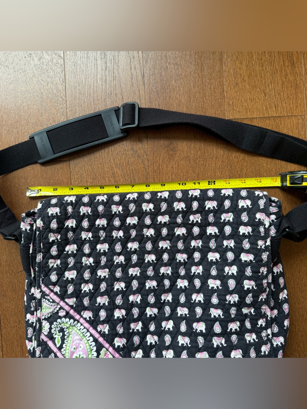 Vera Bradley Quilted Black Crossbody Laptop Bag with Pink & White Elephant Print - Picture 9 of 10